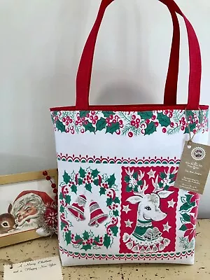 Vintage Christmas Reindeer Santa Snowman Tree Bells Scenes Tablecloth Tote Bag • $57
