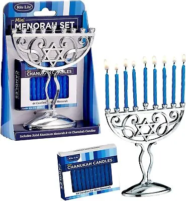 Rite Lite Silver Mini Menorah & Mini Chanukah Candles  Jewish Judaica Hannukah • $13.95