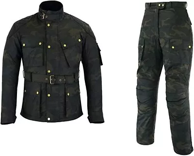 CAMOUFLAGE Warrior Motorcycle WAXED COTTON Waterproof Armour Jacket Trouser Suit • $310.83