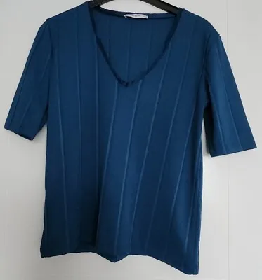 Mango Suit Teal Blue Short Sleeve Rib Stripe Effect V Neck Top Eur M 12/14 • £2.99