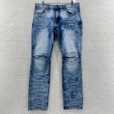 Smoke Rise Mens 36 X 32 Acid Wash Distressed Straight Leg Slim Denim Blue Jeans • $22.99