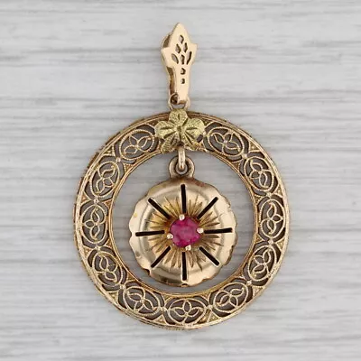 Vintage 0.18ct Lab Created Ruby Flower Pendant 10k Yellow Gold Filigiree • $199.99