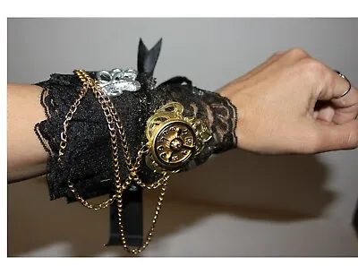 1 Victorian Steampunk Lace Wrist Cuff W Satin Closure Gears Costume Accessory • $15.94