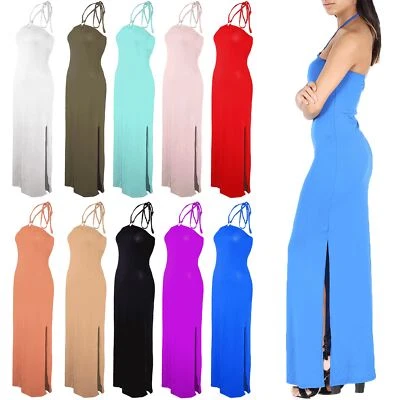 £5.48 • Buy Womens Ladies Stretchy Casual Ring Halter Neck Side Slit Split Long Maxi Dress