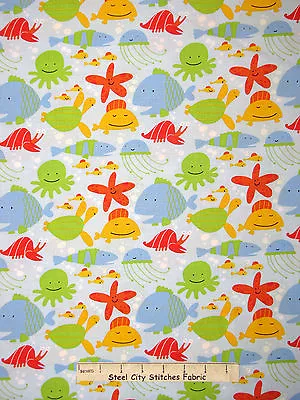 Ocean Starfish Octopus Whale Fish Blue Cotton Fabric Free Spirit Beach YARD • $8.87