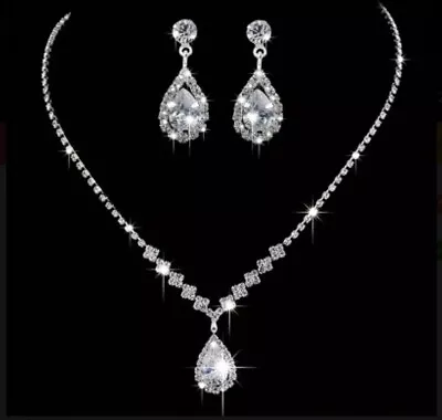 Sparkling Silver Wedding Bridal Crystal Diamante Rhinestone Necklace Earring Set • £5.99