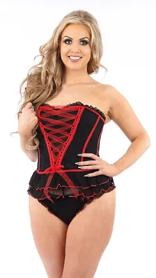 Ladies Black/Red Basque & Brief Set Womens Sexy Lingerie Underwear (GB) • £15