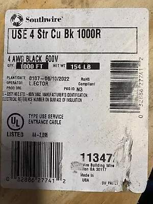 1000' 4 AWG Stranded Copper THHN Building Wire 600V Black • $995