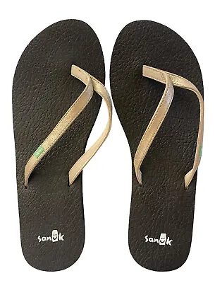 Sanuk Sandals Womens W10 Yoga Joy Flip Flops Flats Black W/ Gold ￼ Strap 1092006 • $9.50