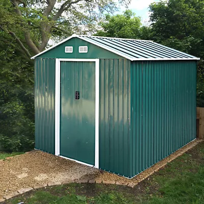 8x8ft Sloping Roof Garden Shed Green Outdoor Tool Storage Metal Shed Free Base • £135.95