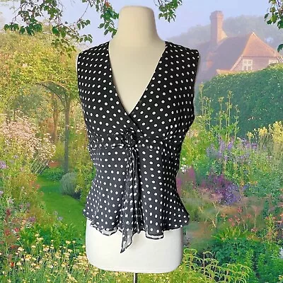 Vintage Y2k 90s Silk Top Large Black Polka Dot Sleeveless Anne Carson Womens • $25