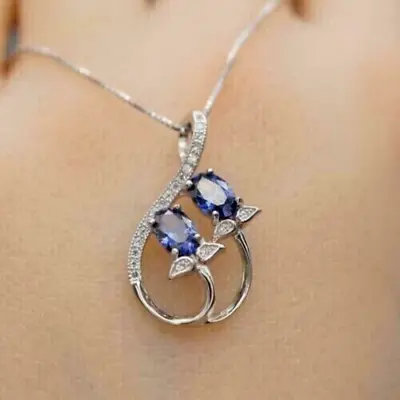 Flower Pendant 1.10Ct Oval Cut Lab-Created Blue Sapphire 14K White Gold Plated • $83.99