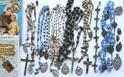 Vtg Rosary Beads Lot Repair Parts Blue Glass MOP Wood Saints Medals Crucifix • $0.99