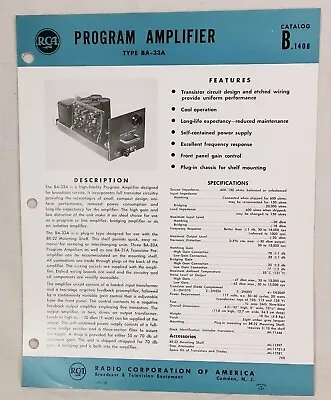 $2.80 • Buy 1962 RCA Program Amplifier Type BA-33A Brochure 1 P, Single Sided 