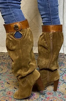 Vintage Michael Kors Boho Camel Brown Suede Knee High Boots Women’s Size 7.5 • $18