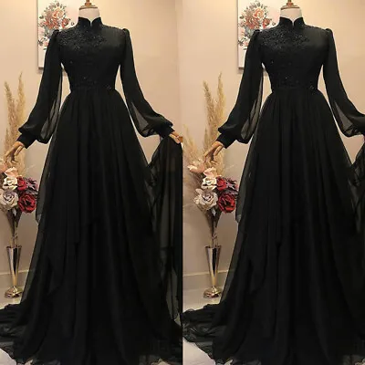 Black Long Sleeve Muslim Wedding Dresses High Neck Chiffon Arabic Bridal Gowns • $131.39