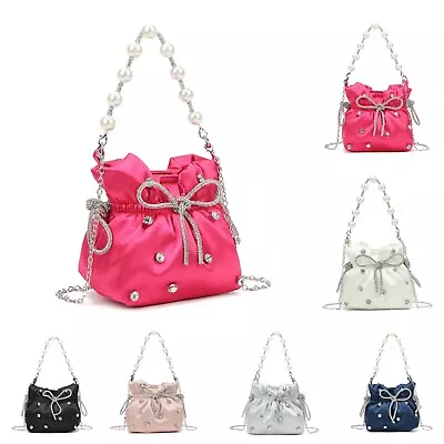 Ladies Top Handle Crystal Bow Satin Clutch Bag Shoulder Chain Evening Handbag UK • £22.99