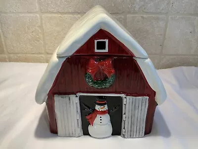 Pier 1 RED CHRISTMAS COUNTRY BARN COOKIE JAR LID HAS RUBBER SEAL CERAMIC EXC! • $19.99