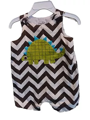 Mud Pie Baby Boy Romper 6 To 9 Months Appliqued Dinosaur Brown Chevron • $11