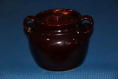 Vintage Brown Glaze Stoneware Crock Bean Pot With Handles And Lid Pottery USA • $9.75