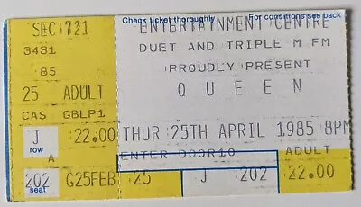 Queen 1985 Ticket Stub Sydney Entertainment Centre The Works Tour Freddy Mercury • $55