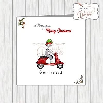 Scooter Christmas Card Lambretta Vespa From The Cat In Elves Hat - Pet Xmas • £3.25