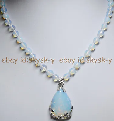 8mm Faceted White Moonstone Gems Round Beads Teardrop Pendant Necklace 18'' • $5.29