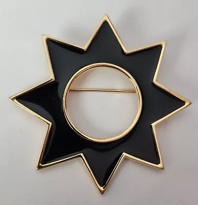 MONET Signed  Brooch Pin Black Enamel Gold Tone Modernistic Sun 2 1/2  Vintage • $18.99