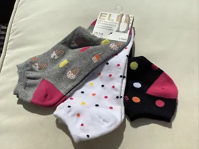 £9.85 • Buy 3 PAIRS Elle NATURAL COTTON PATTERNED NO SHOW SOCKS 🧦 🧦🧦 PINK MIX SIZE 4 - 8