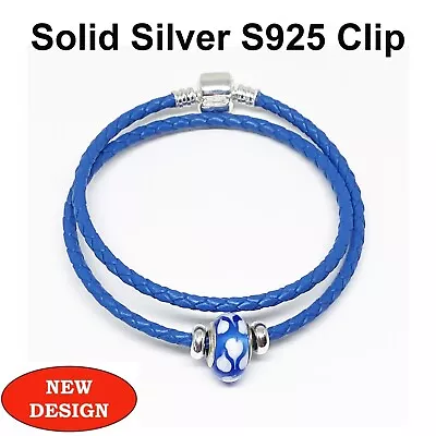 Double Leather Bracelet S925 Silver Clip Stoppers & Blue Daisy Murano Charm • £14.99