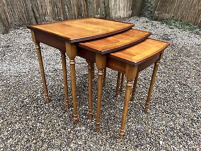 Yew Wood Fluted Turned Nest Of Three Tables Coffee Side Vintage 1980’s • £120