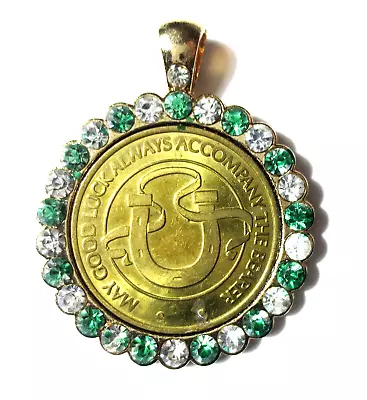 VINTAGE!  LUCKY COIN  W  FAUX EMERALD & DIAMOND CRYSTALS  FASHION BLING JEWELRY • $9.99