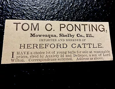 ORIGINAL 1887 Tom Ponting Cattle Cow Farm Advertising -  Moweaqua - Illinois • $5.99