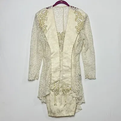 Vintage 1970s Ivory Slip Wedding Dress With Embellished Lace Jacket Sequin Beads • $99.99