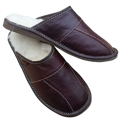 Men's Sheepskin Slippers Burgundy Wool Leather House Shoe Size 6.5-11 Xmas Gift • £12.69