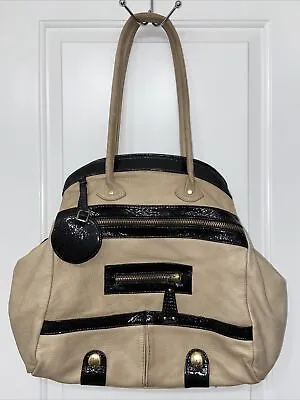 Gustto Leather Satchel Hobo Handbag Beige & Black Patent Designer Purse • $27