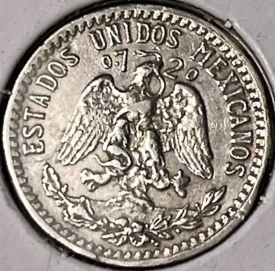 1937 Mexican SILVER 20 Centavos SILVER 0.720 Coin XF Error Coin.  Large Cud On R • $8.15