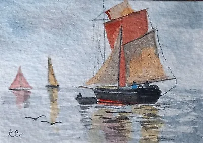 £4.45 • Buy ACEO Original Watercolour Painting. Sailing Barge Out At Sea. Sailing Boats. 