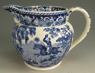 £79 • Buy Antique Pottery Pearlware Blue Transfer Small-size Hunting Jug 1825