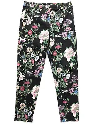 H&M Trousers 10 Black Pink Floral Dragonfly Print Slim Straight Leg With Stretch • £15.29