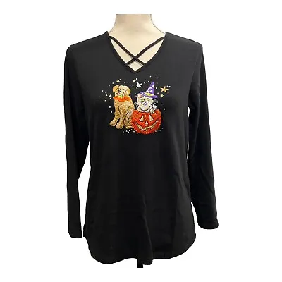 Quacker Factory Womens S Halloween Jack O Lantern & Dog Embroidered Black TShirt • $24.99