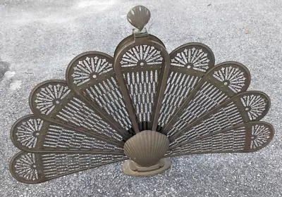 Vintage Brass Plated Fireplace Screen Folding Peacock Fan Seashell Clam • $159.19