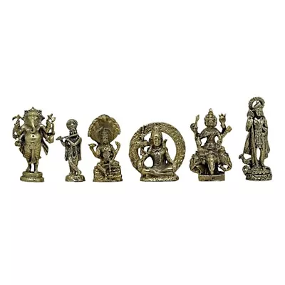 6 Hindu Gods Ganesha Shiva Brahma Vishnu Krishna Kartikeya Mini Brass Statue Set • $42.75