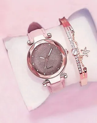 Watch Gift Set For Women Ladies Pink Gold Rhinestone WATCH + BRACELET FREE P&P • £7.99