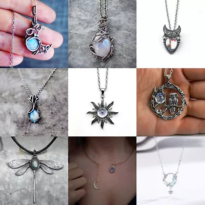 Retro Boho Silver Moon Pendants Necklace Drop Moonstone Jewelry Women Girls Gift • $1.78