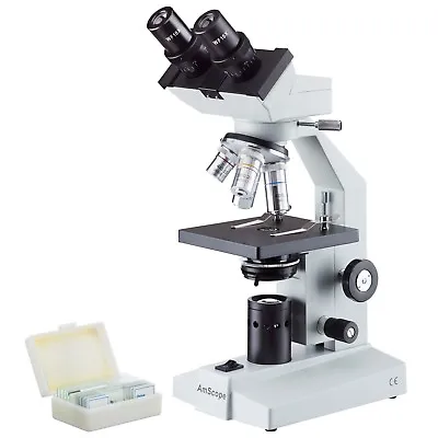 AmScope 40x-1000x Binocular Biological Microscope + Slides  B100-PB10 • $139.99