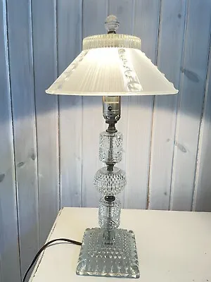 VTG Leviton Table Lamp 20” Tall Clear Glass Ribbed Hobnail Brass Tone Accents • $39