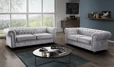 Chesterfield Fabric Grey Sofas 3 + 2 Seaters Sofa Armchair Dark Grey Silver Vel • £469