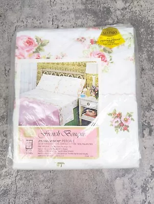 VINTAGE Sears Best French Bouquet Rose Perma Prest Percale Full Flat Sheet NEW • $18.95