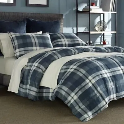 Nautica KING Crossview Plaid Navy Microsuede Comforter Sham Set 96 X 104 • $64